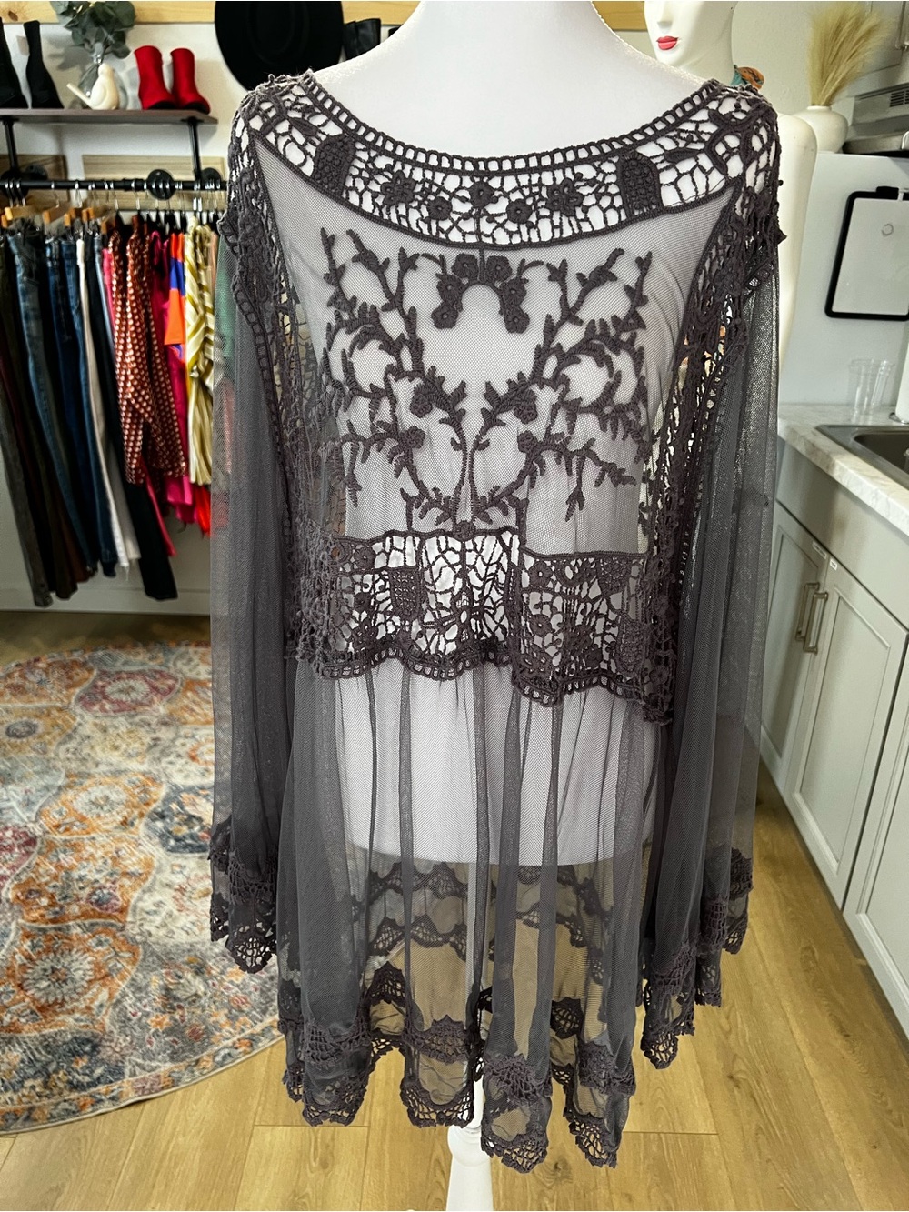 indigo soul Gray Crochet & Embroidered Lace Camisole